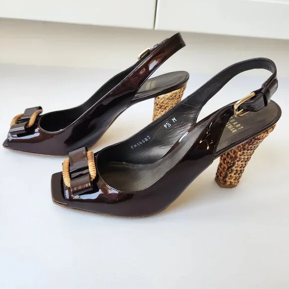 Stuart Weitzman Brown Patent Leather Slingback Heels Woven Block Heel Bows 9.5 M - Picture 8 of 15
